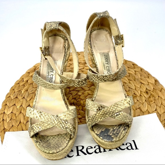 JIMMY CHOO GOLD SNAKE PRINT BUCKLE HIGH WEDGE ESPADRILLE CRISS CROSS HEELS SZ 8 - Picture 2 of 7